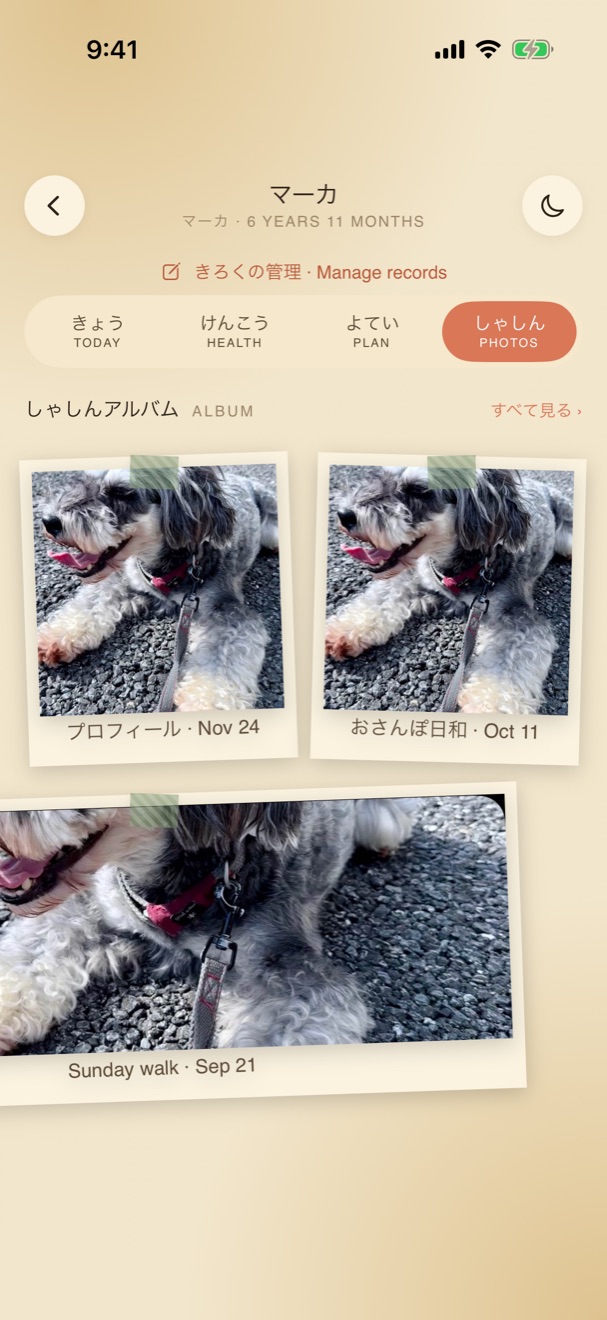 Photos tab: polaroid album of Maaka